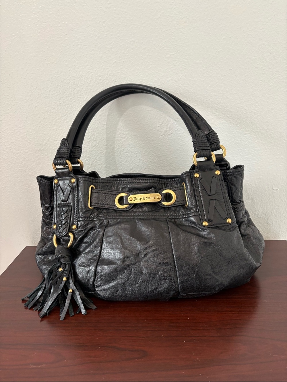 Vintage Juicy Couture Black Leather Hobo Bag Y2K Tassel Satchel- Excellent C